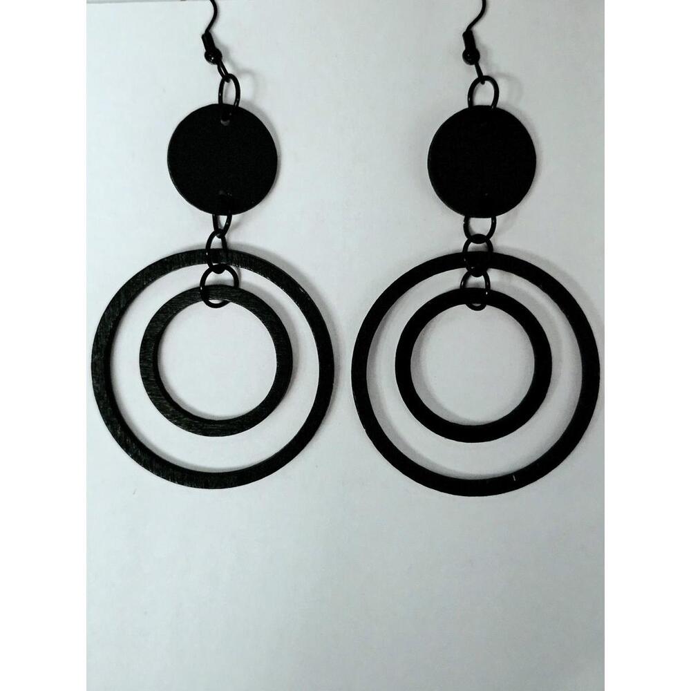 Black Circle Wood Dangle Earrings